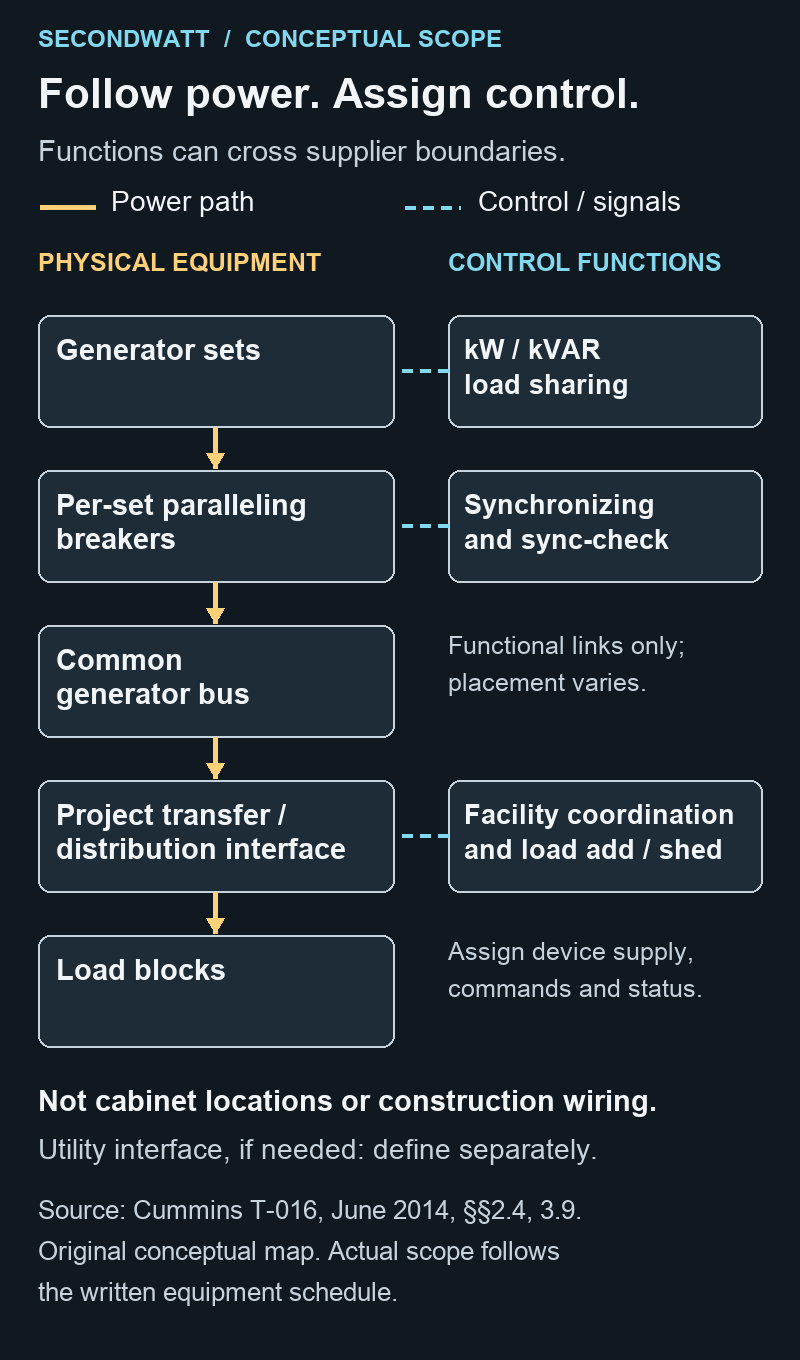 Conceptual power path from generator sets through per-set breakers, a common bus and a project transfer or distribution interface to loads. Separate dashed control relationships cover synchronization, load sharing and facility coordination; supplier boundaries must be assigned.